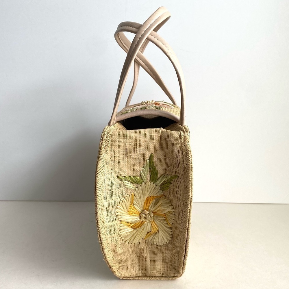 Vintage 50s 60s Straw Raffia Purse Floral Top Handle Bag Summer Beach Handbag - Picture 5 of 11